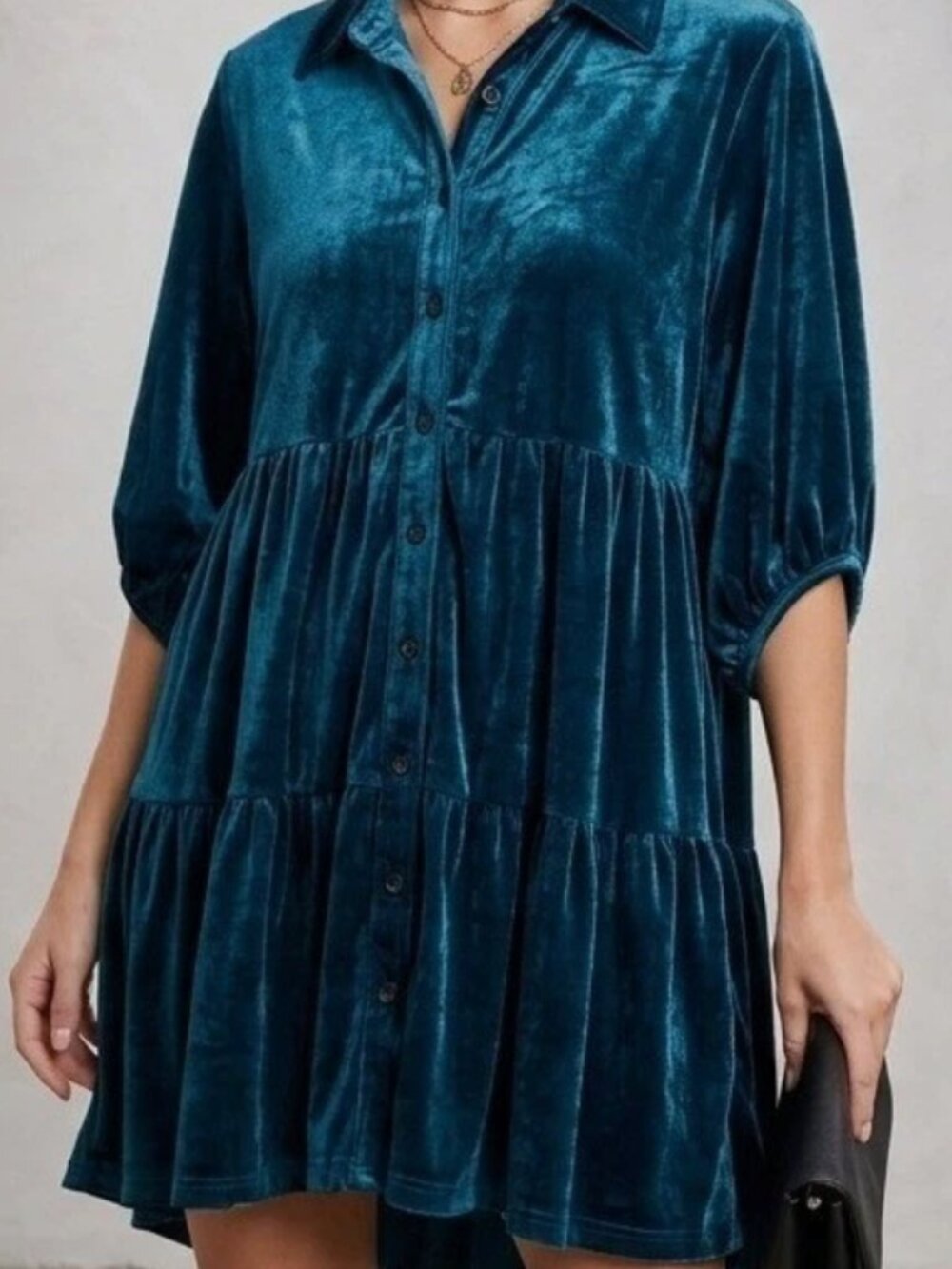 Umgee Crushed Velvet Tiered Babydoll Dress Womens S Button Down Preppy Holiday
